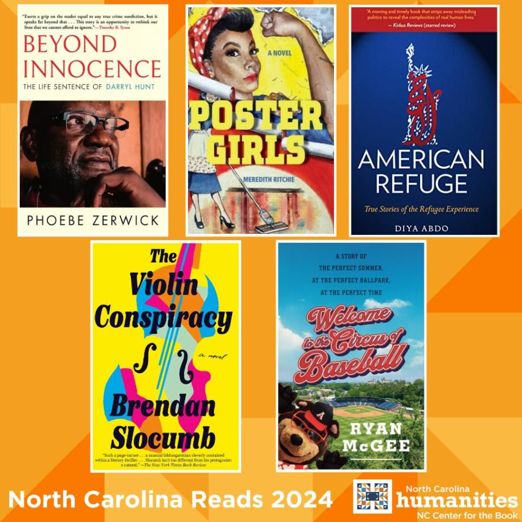 Graphic that shows 5 book covers for North Caarolina Reads 2024